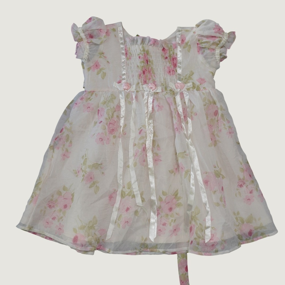 Vintage Little Lindsey Baby Girls 12M Floral Dress Pink Cream Smocked Ribbon